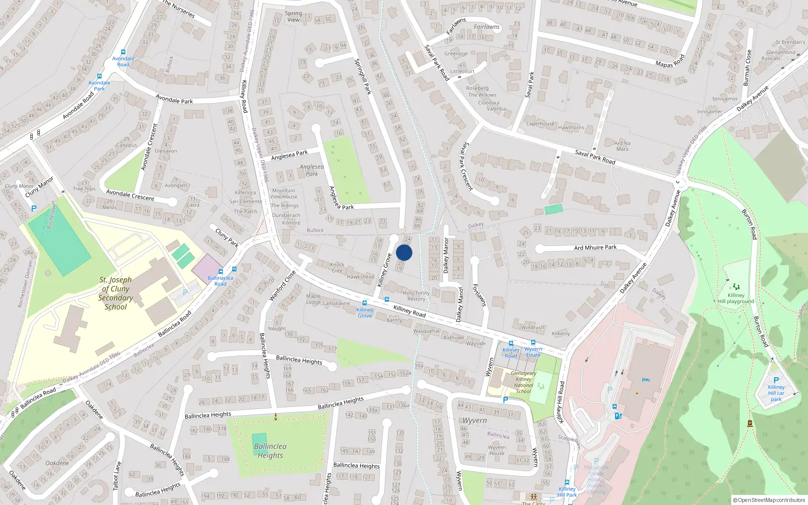 Overhead map showing the location of 22 Killiney Grove, Dalkey