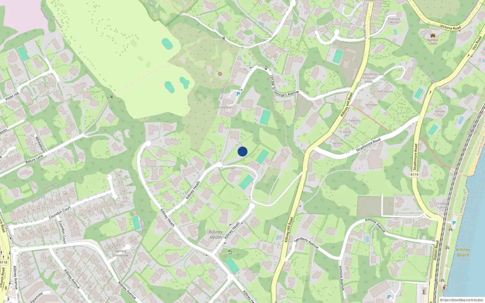 Overhead map showing the location of 22 Killiney Heath, Killiney, Dublin