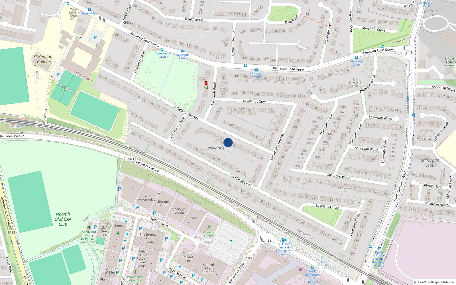 Overhead map showing the location of 22 Lakelands Avenue, Stillorgan, Dublin