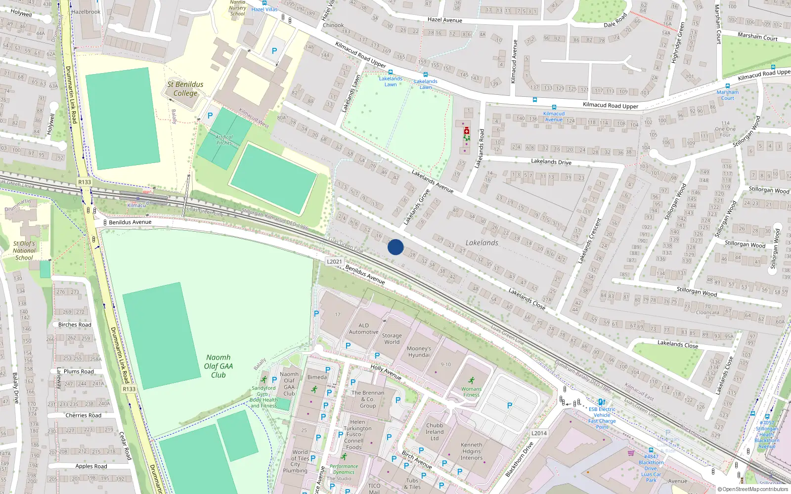 Overhead map showing the location of 22 Lakelands Close, Kilmacud Road Upper, Blackrock