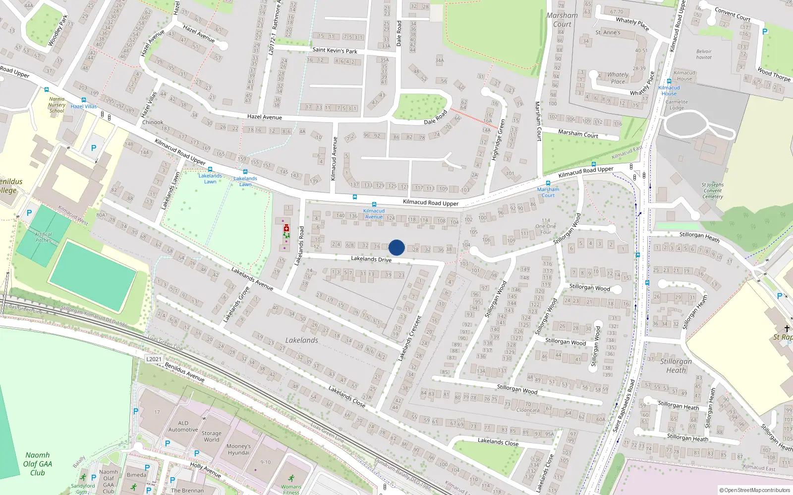 Overhead map showing the location of 22 Lakelands Drive, Stillorgan, Dublin