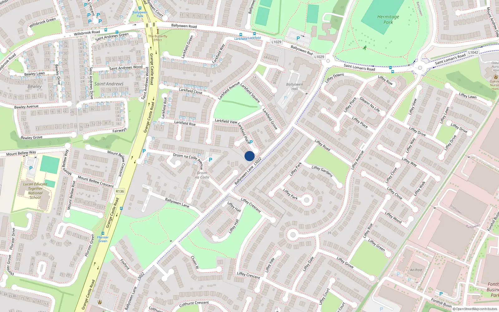 Overhead map showing the location of 22 Larkfield Place, Lucan, Dublin
