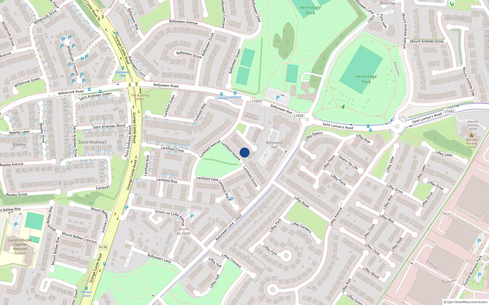 Overhead map showing the location of 22 Larkfield Square, Lucan, Co Dublin