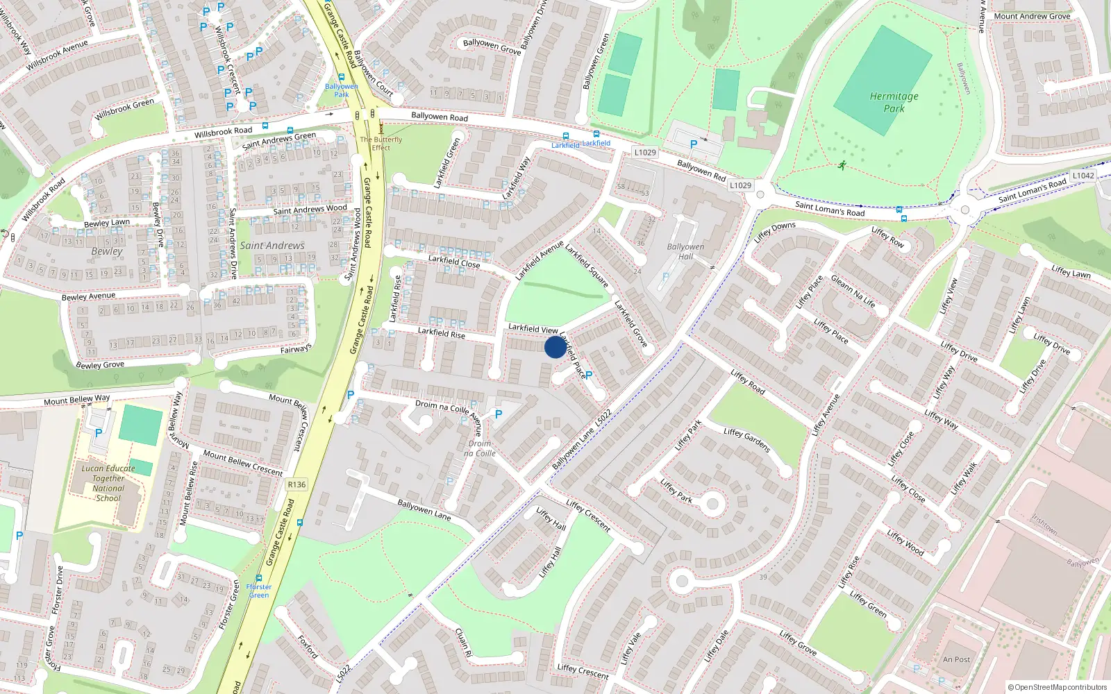 Overhead map showing the location of 22 Larkfield View, Lucan, Dublin