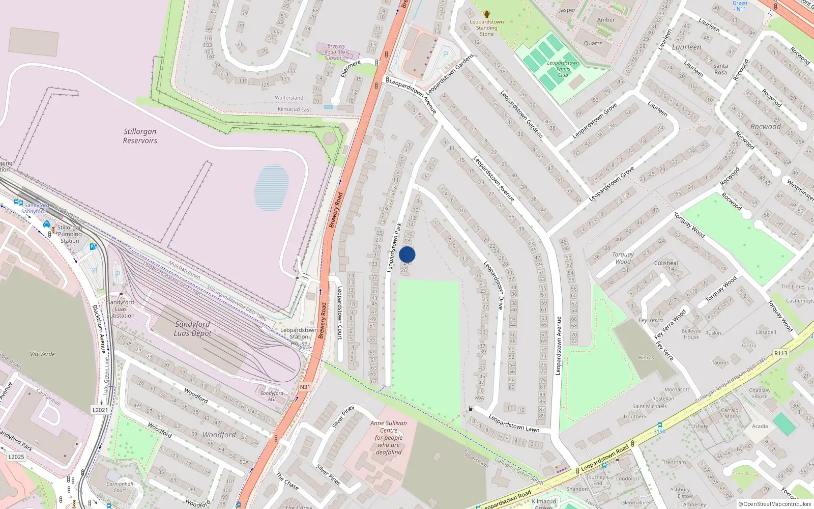 Overhead map showing the location of 22 Leopardstown Park, Dublin