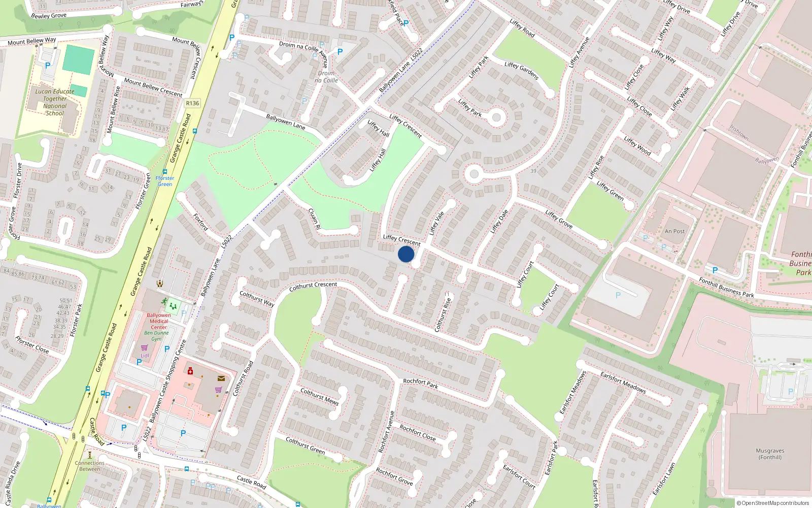 Overhead map showing the location of 22 Liffey Crescent, Lucan