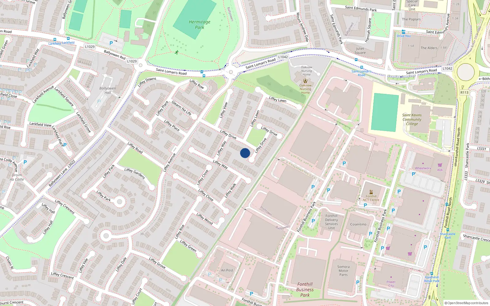 Overhead map showing the location of 22 Liffey Drive, Liffey Valley Park, Lucan