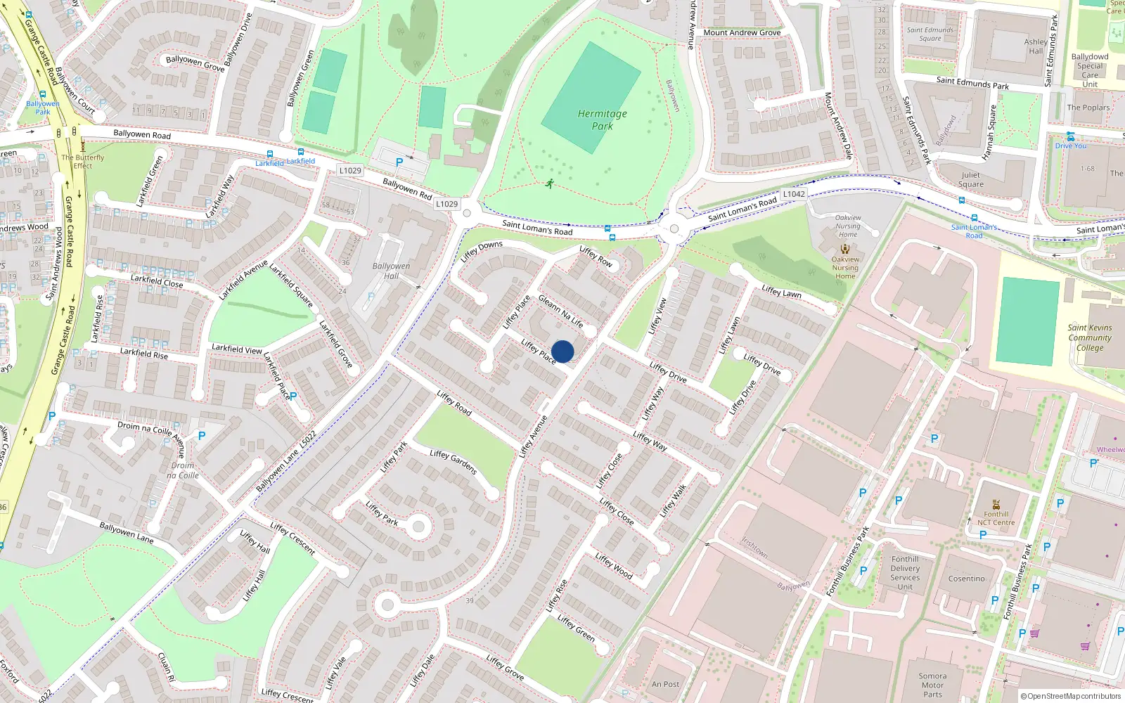 Overhead map showing the location of 22 Liffey Glen, Lucan, Dublin