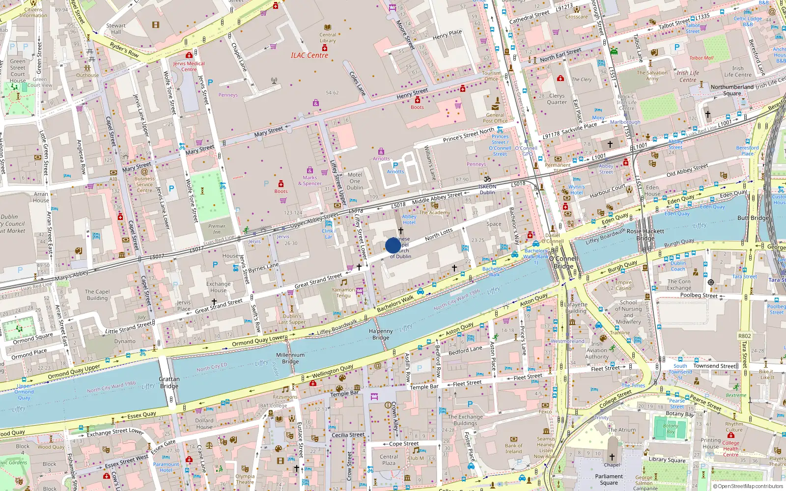 Overhead map showing the location of 22 Liffey Walk, North Lotts, Liffey St Dublin 1