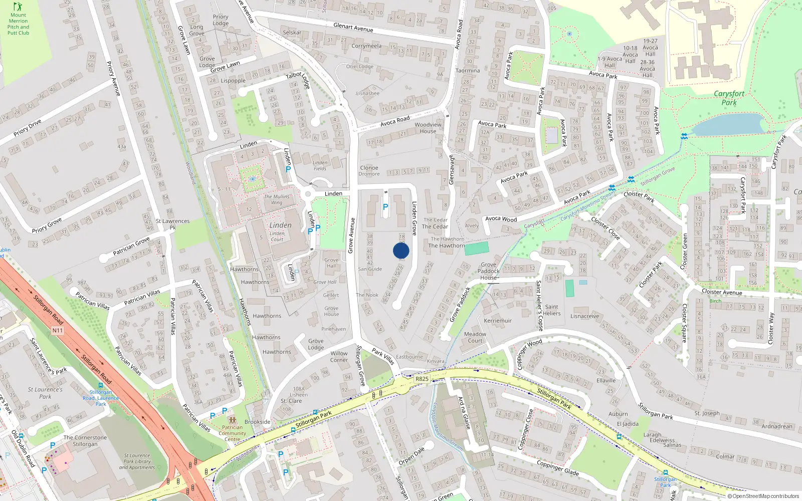 Overhead map showing the location of 22 Linden Grove, Grove Avenue, Blackrock