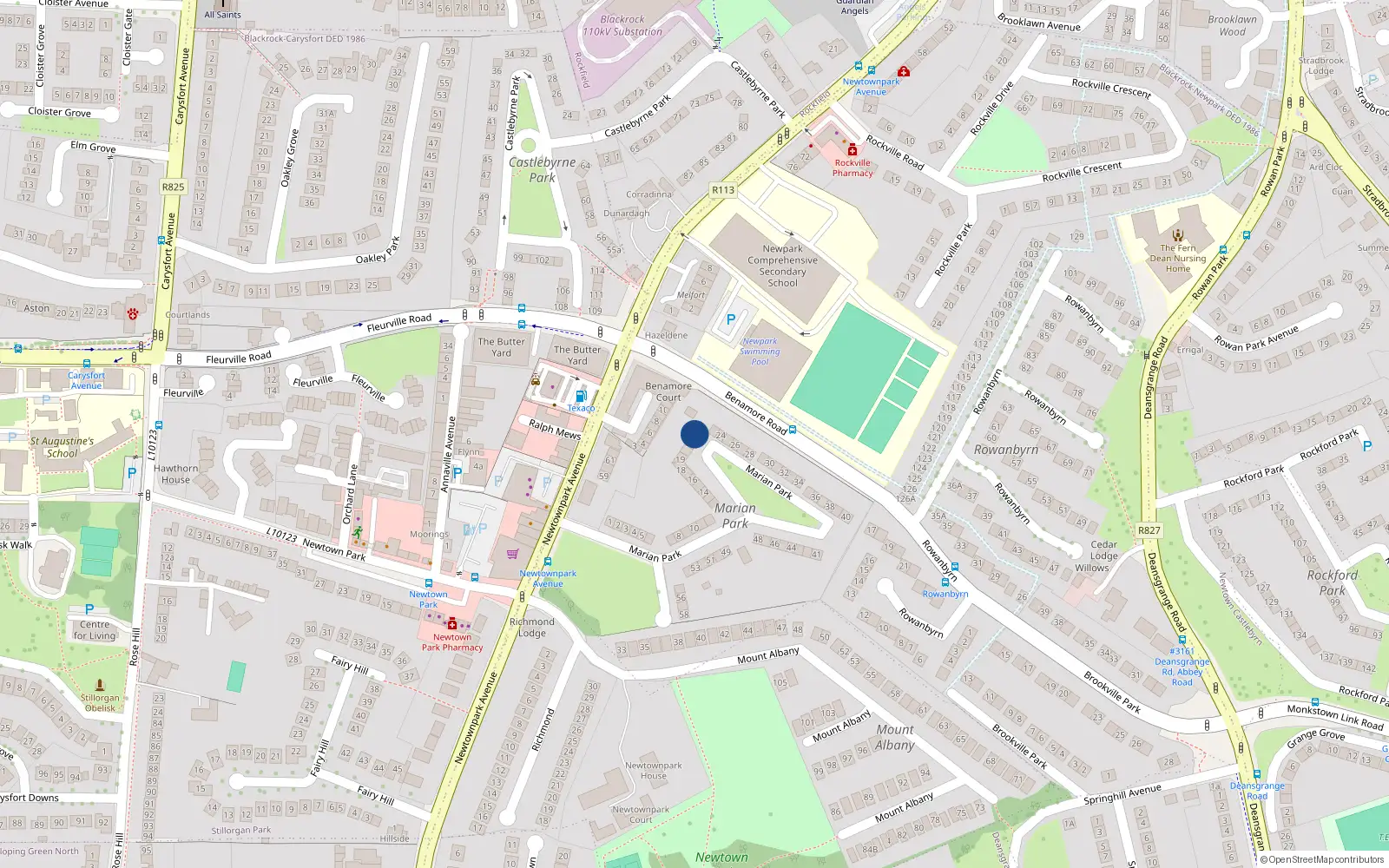 Overhead map showing the location of 22 Marian Park, Blackrock