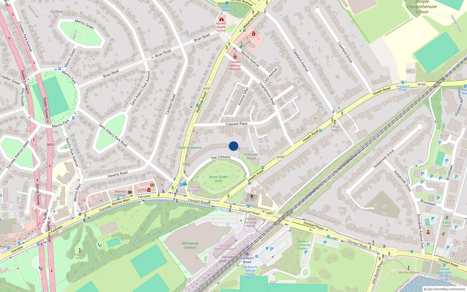 Overhead map showing the location of 22 Marino Crescent, Dublin 3