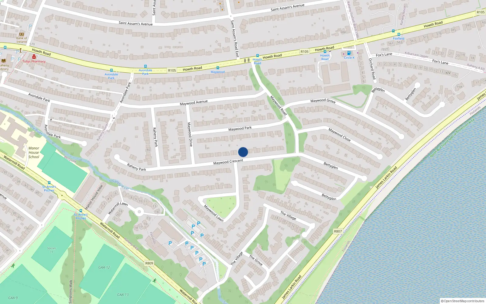 Overhead map showing the location of 22 Maywood Crescent, Raheny, Dublin 5