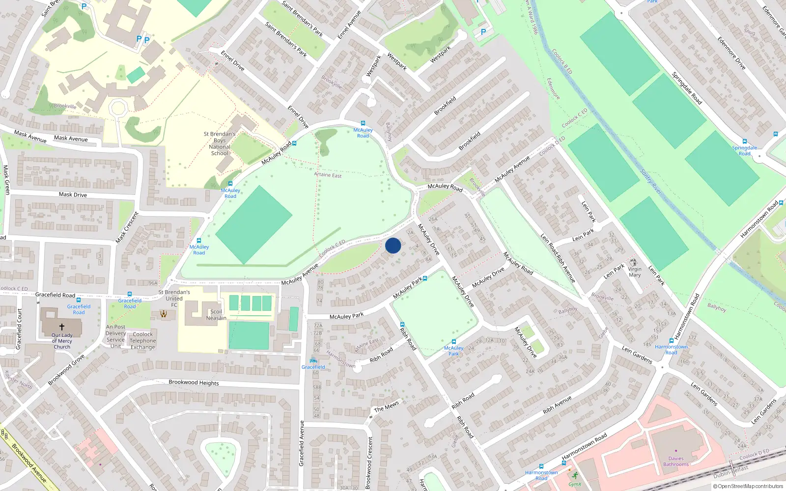 Overhead map showing the location of 22 Mcauley Avenue, Harmonstown, Artane