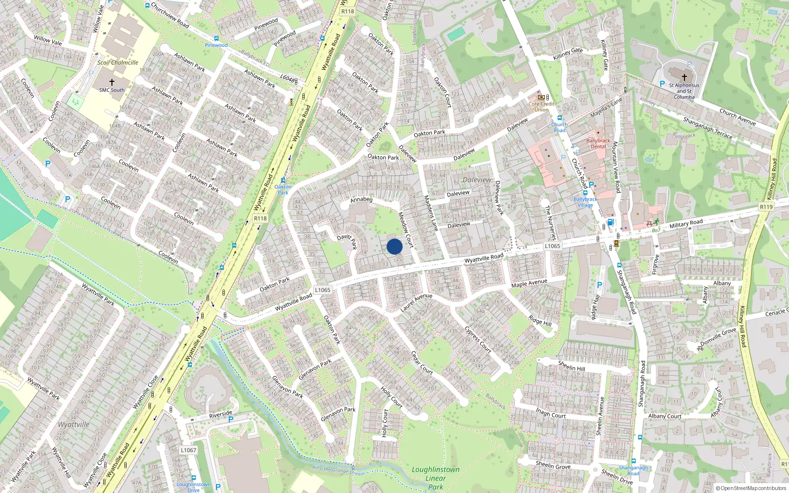 Overhead map showing the location of 22 Meadow Court, Ballybrack