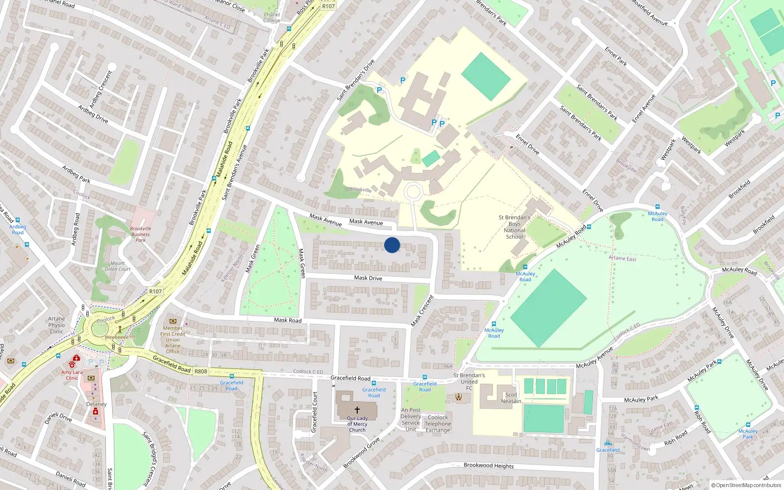 Overhead map showing the location of 22 Measc Avenue, Artane, Dublin 5