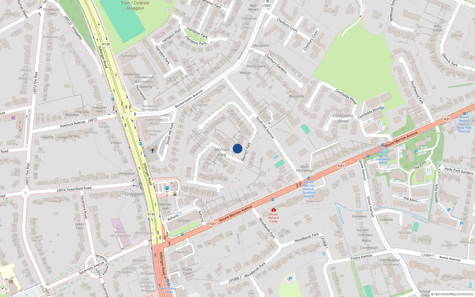 Overhead map showing the location of 22 Merrion Park, Blackrock, Dublin