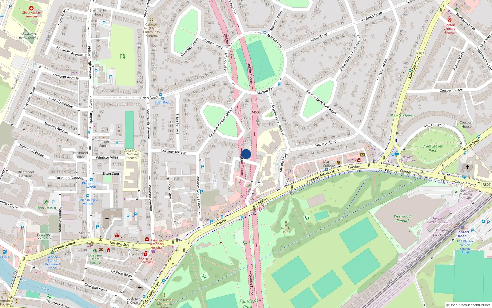 Overhead map showing the location of 22 Merville Avenue, Fairview, Dublin 3