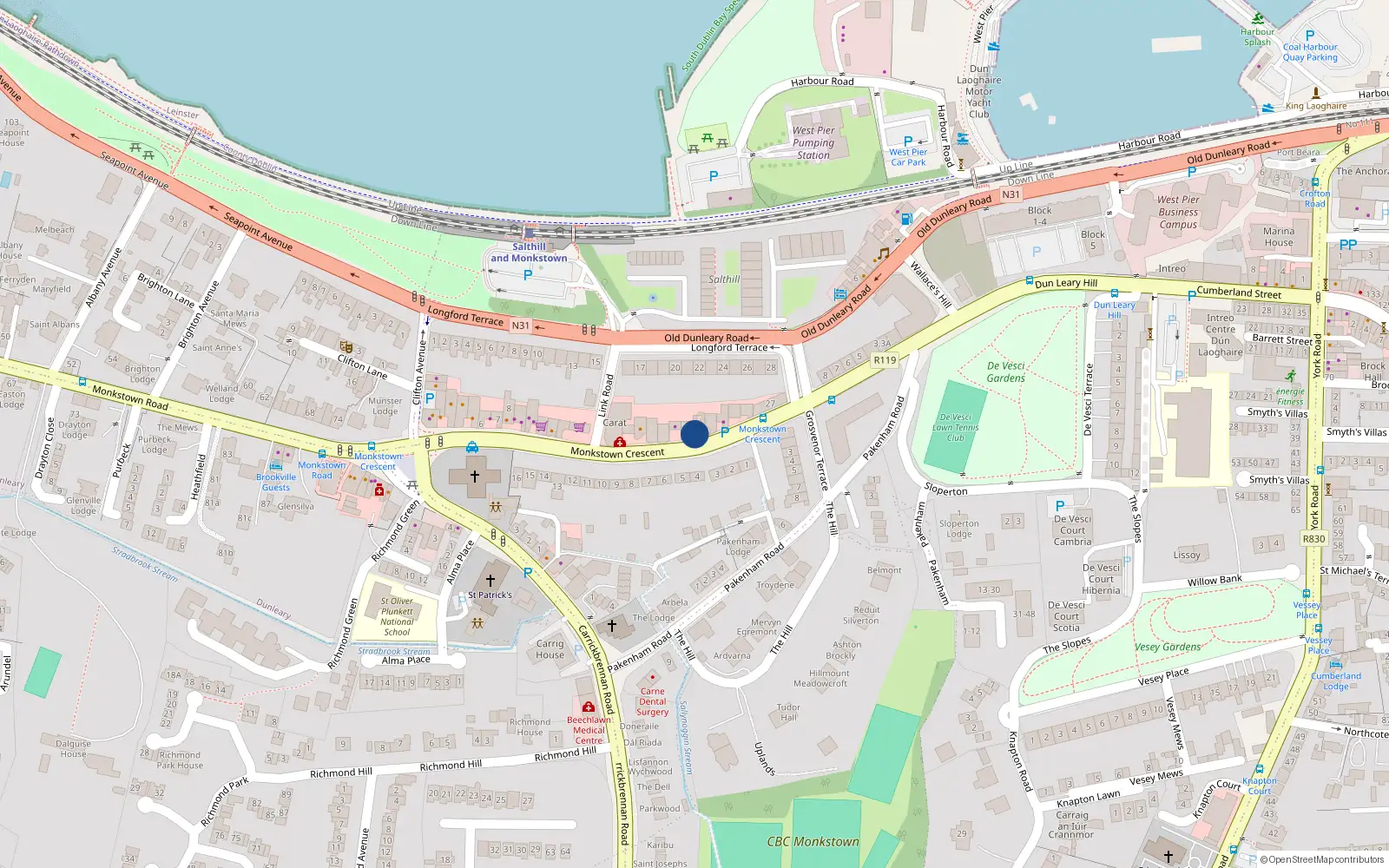 Overhead map showing the location of 22 Monkstown Crescent, Monkstown, Dublin