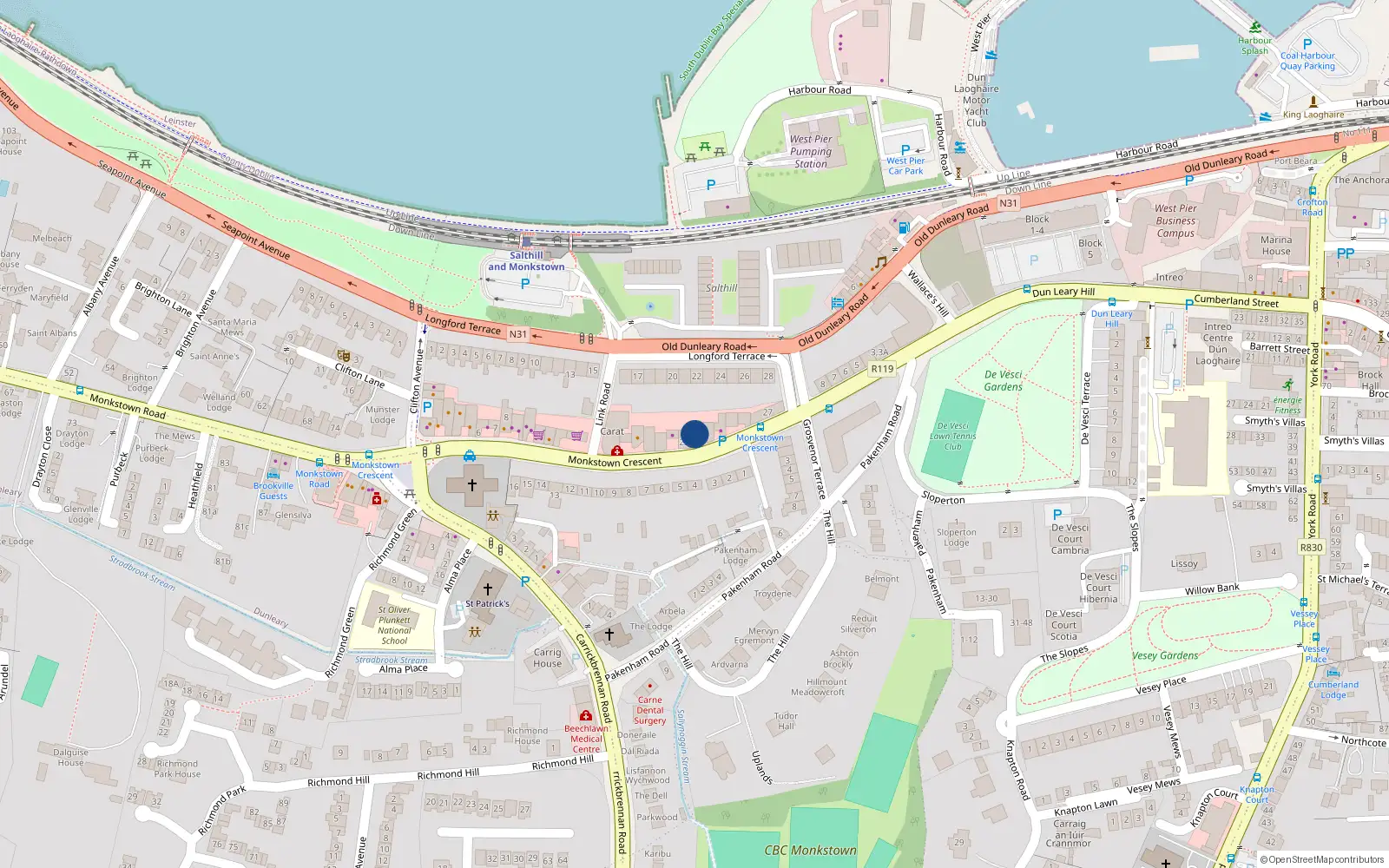 Overhead map showing the location of 22 Monkstown Crescent, Monkstown
