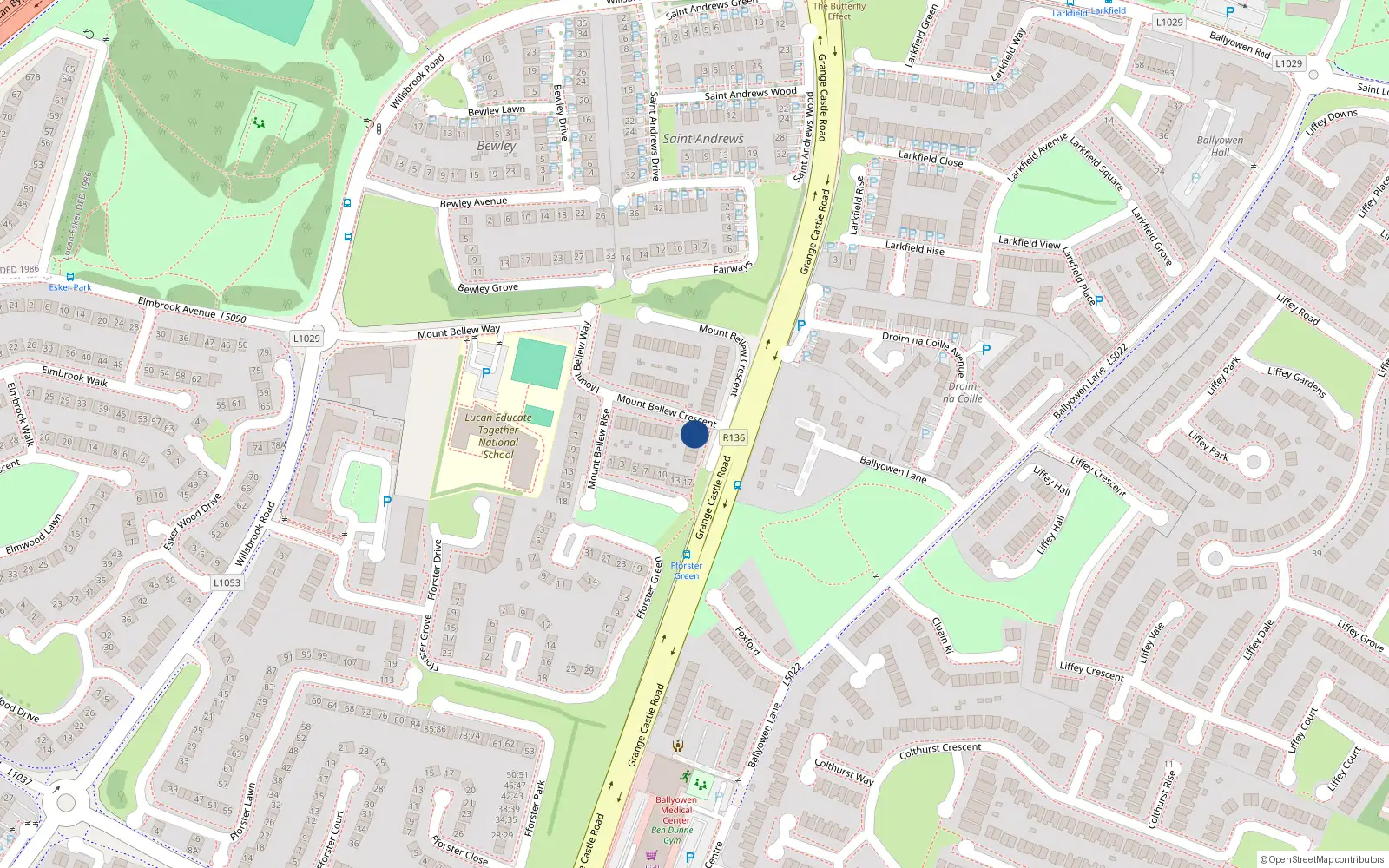 Overhead map showing the location of 22 Mount Bellew Crescent, Lucan