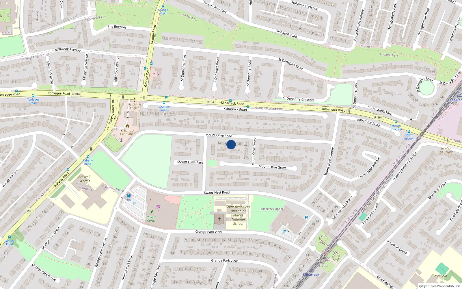 Overhead map showing the location of 22 Mount Olive Road Kilbarrack, Dublin 5, Dublin