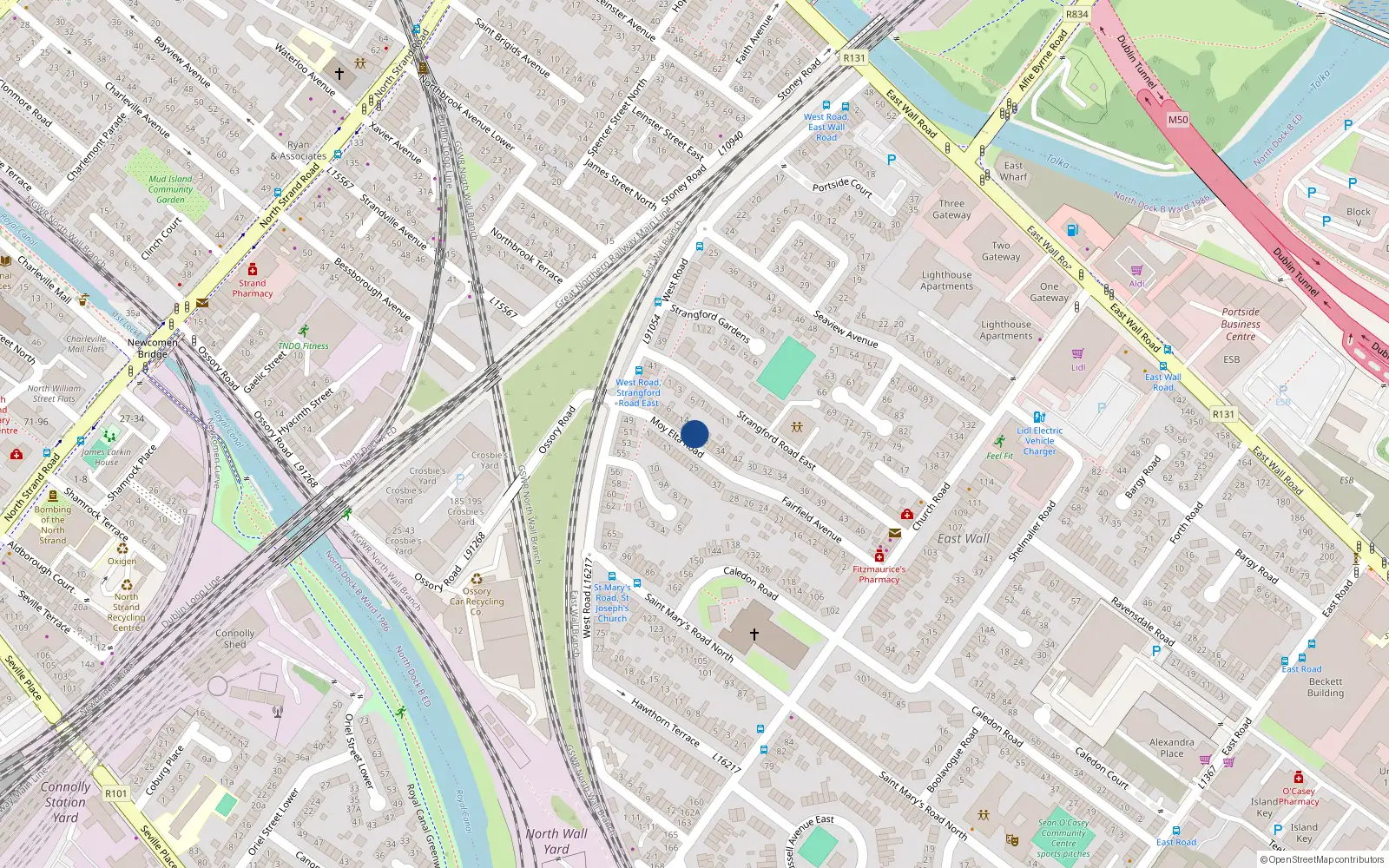 Overhead map showing the location of 22 Moy Elta Road, Dublin 3