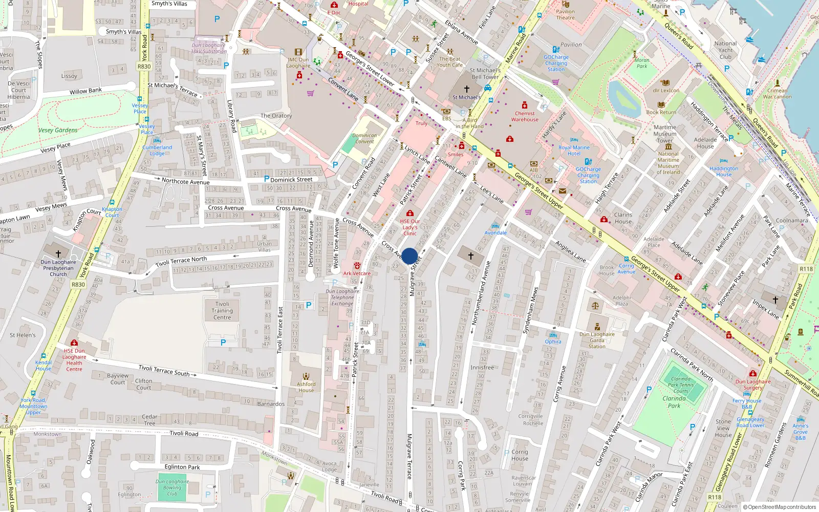 Overhead map showing the location of 22 Mulgrave St, Dun Laoghaire, Dublin