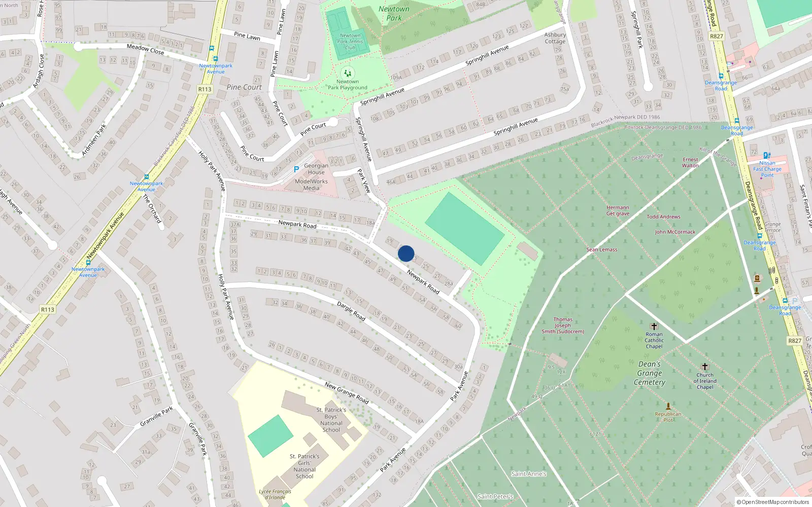 Overhead map showing the location of 22 New Park Road, Holly Park, Blackrock