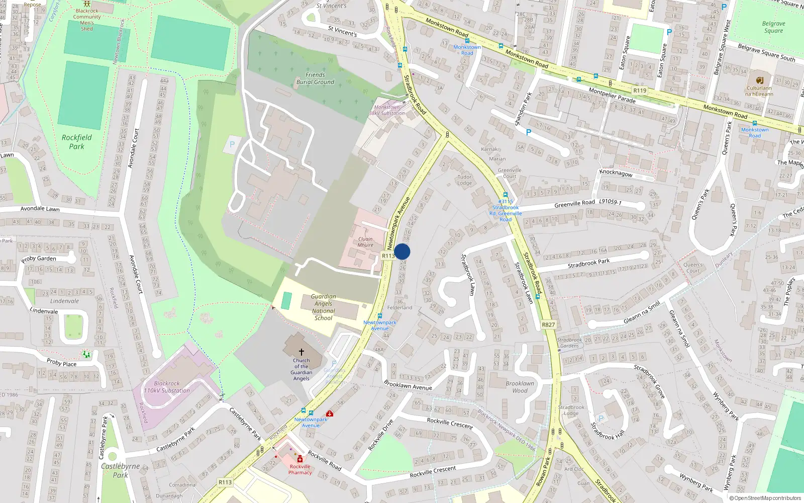 Overhead map showing the location of 22 Newtownpark Avenue, Blackrock
