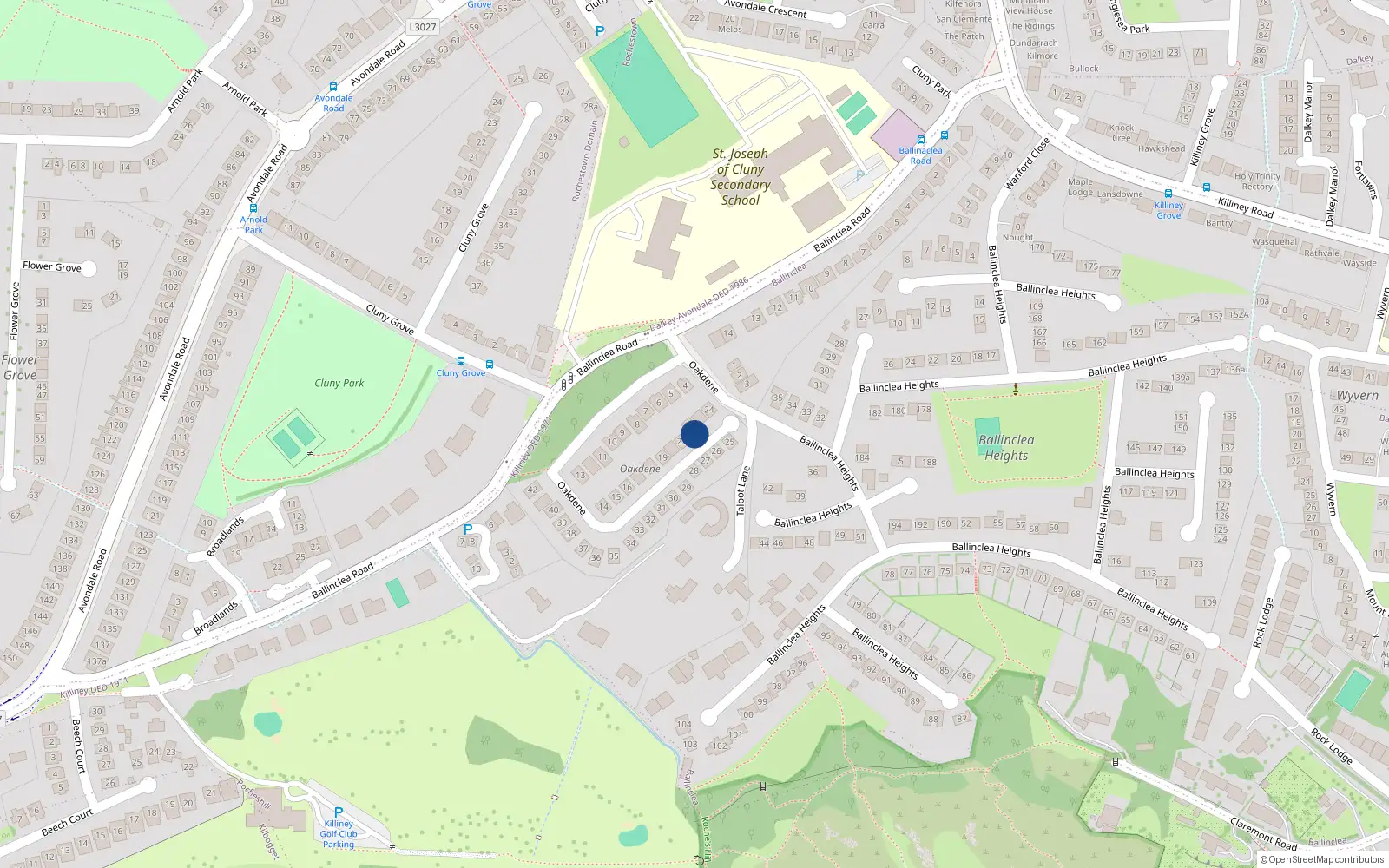 Overhead map showing the location of 22 Oakdene, Killiney