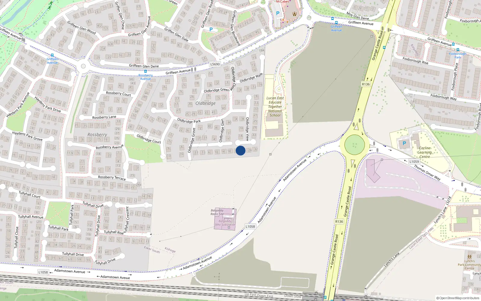 Overhead map showing the location of 22 Oldbridge View, Lucan, Dublin