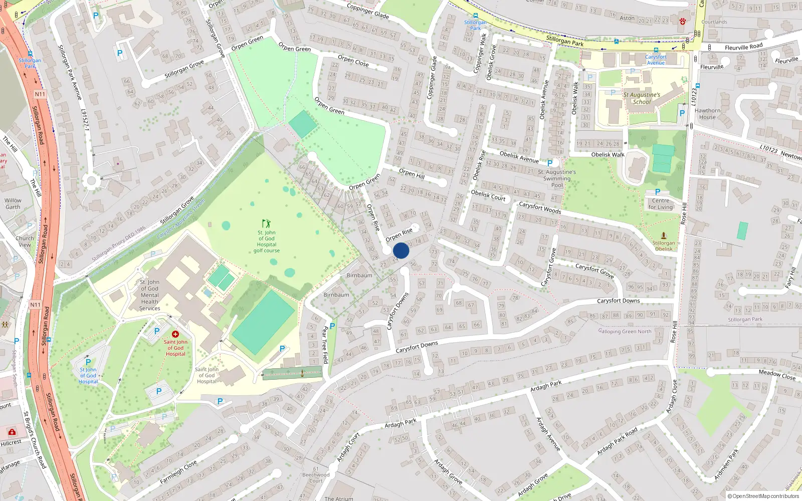 Overhead map showing the location of 22 Orpen Rise, Stillorgan Grove, Blackrock