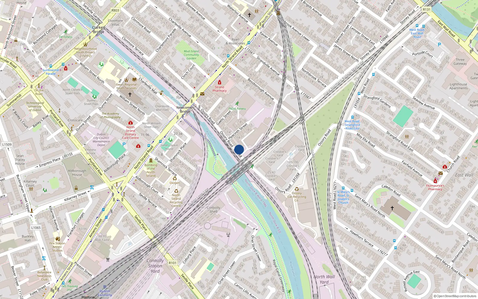 Overhead map showing the location of 22 Ossory Road, North Strand