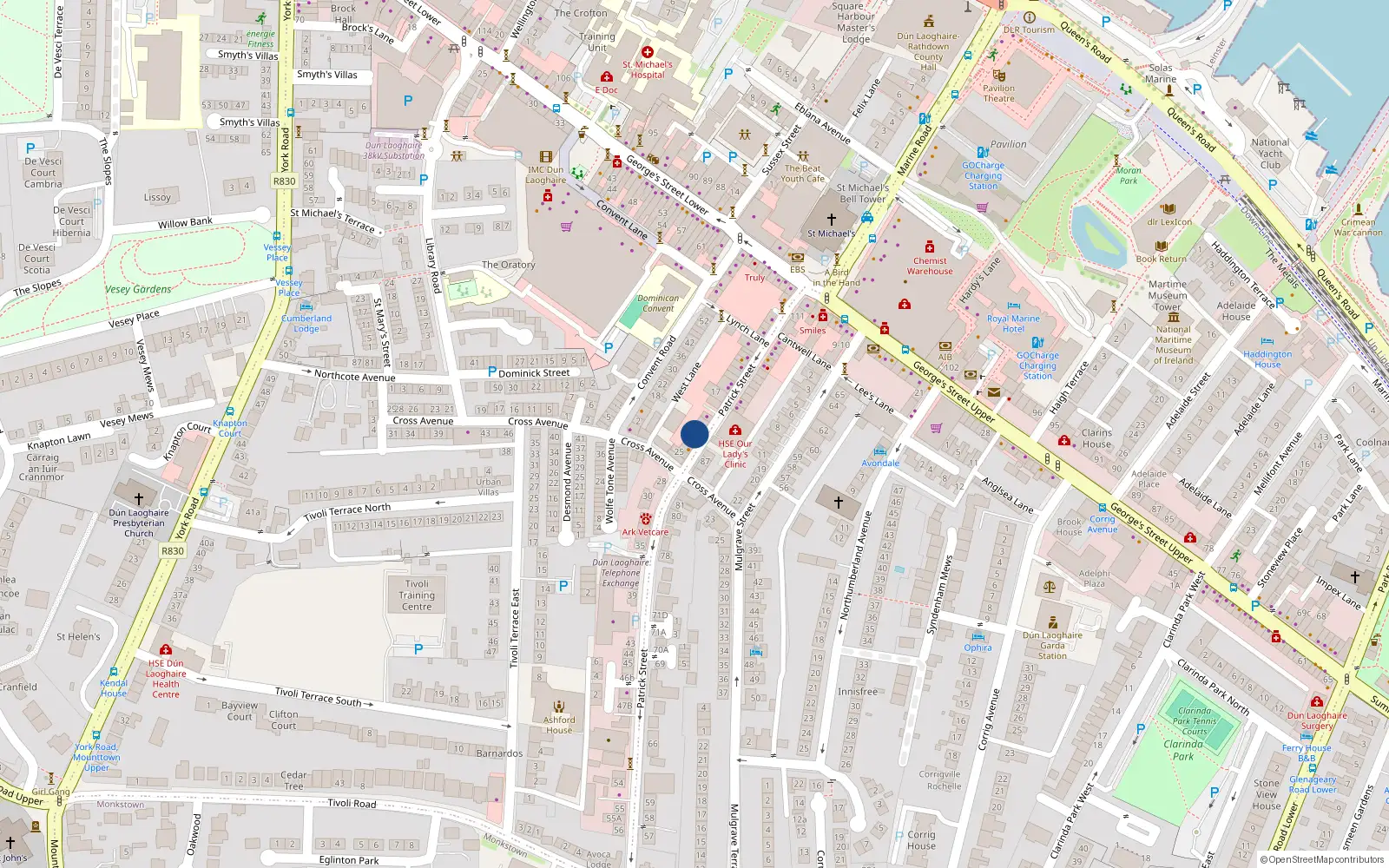 Overhead map showing the location of 22 Patrick St, Dun Laoghaire, Dublin