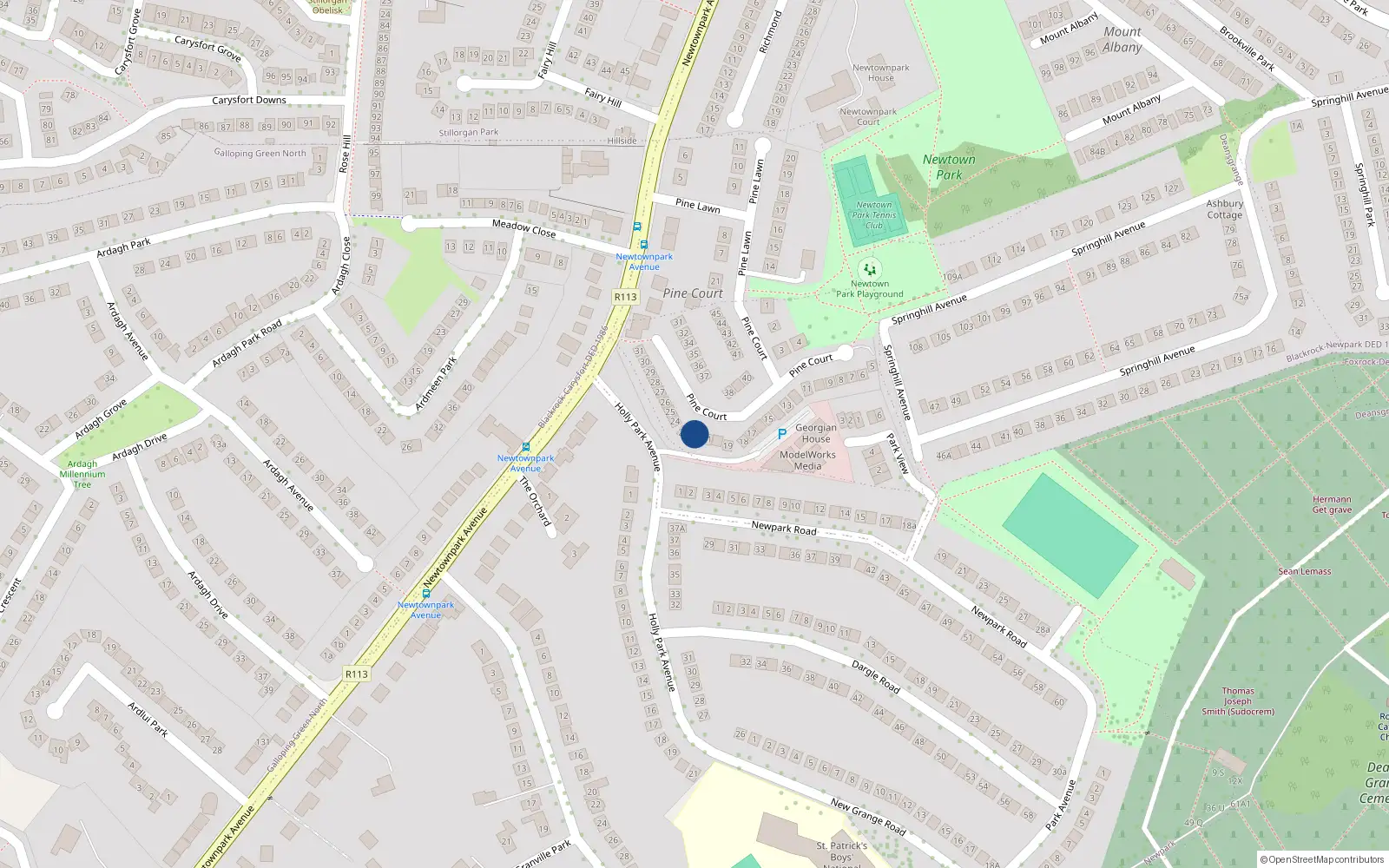 Overhead map showing the location of 22 Pine Court, Blackrock
