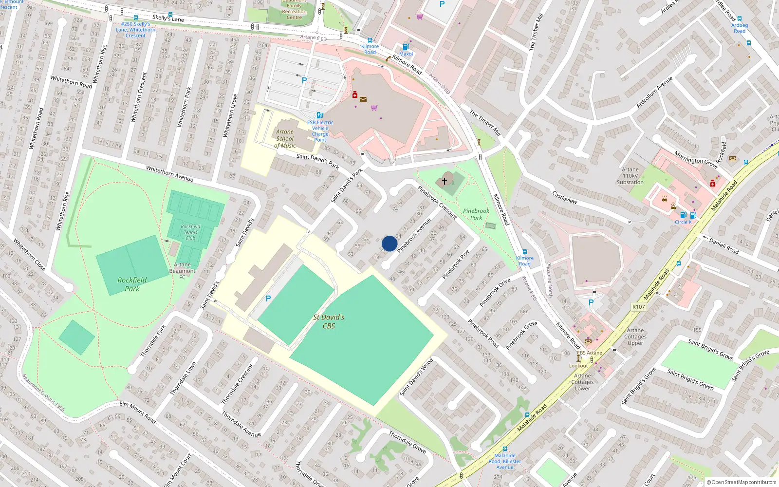 Overhead map showing the location of 22 Pinebrook Avenue, Dublin 5