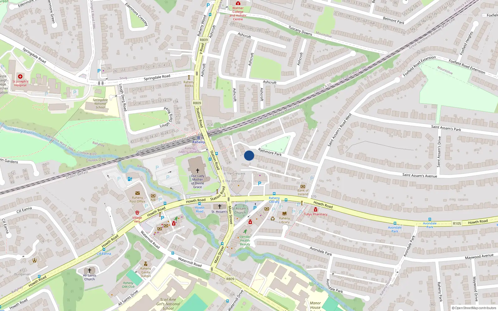 Overhead map showing the location of 22 Rathmore Park, Raheny, Dublin 5