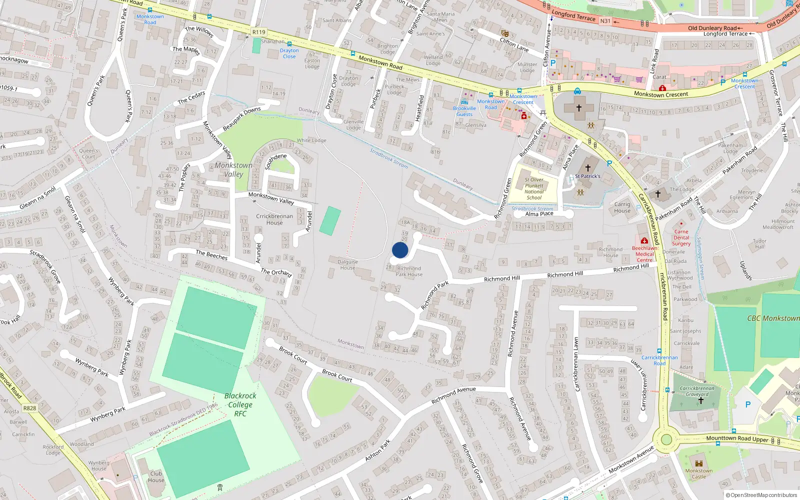 Overhead map showing the location of 22 Richmond Park, Monkstown, Dublin