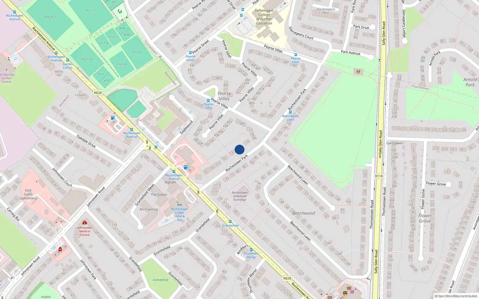 Overhead map showing the location of 22 Rochestown Park, Dun Laoghaire, Dublin