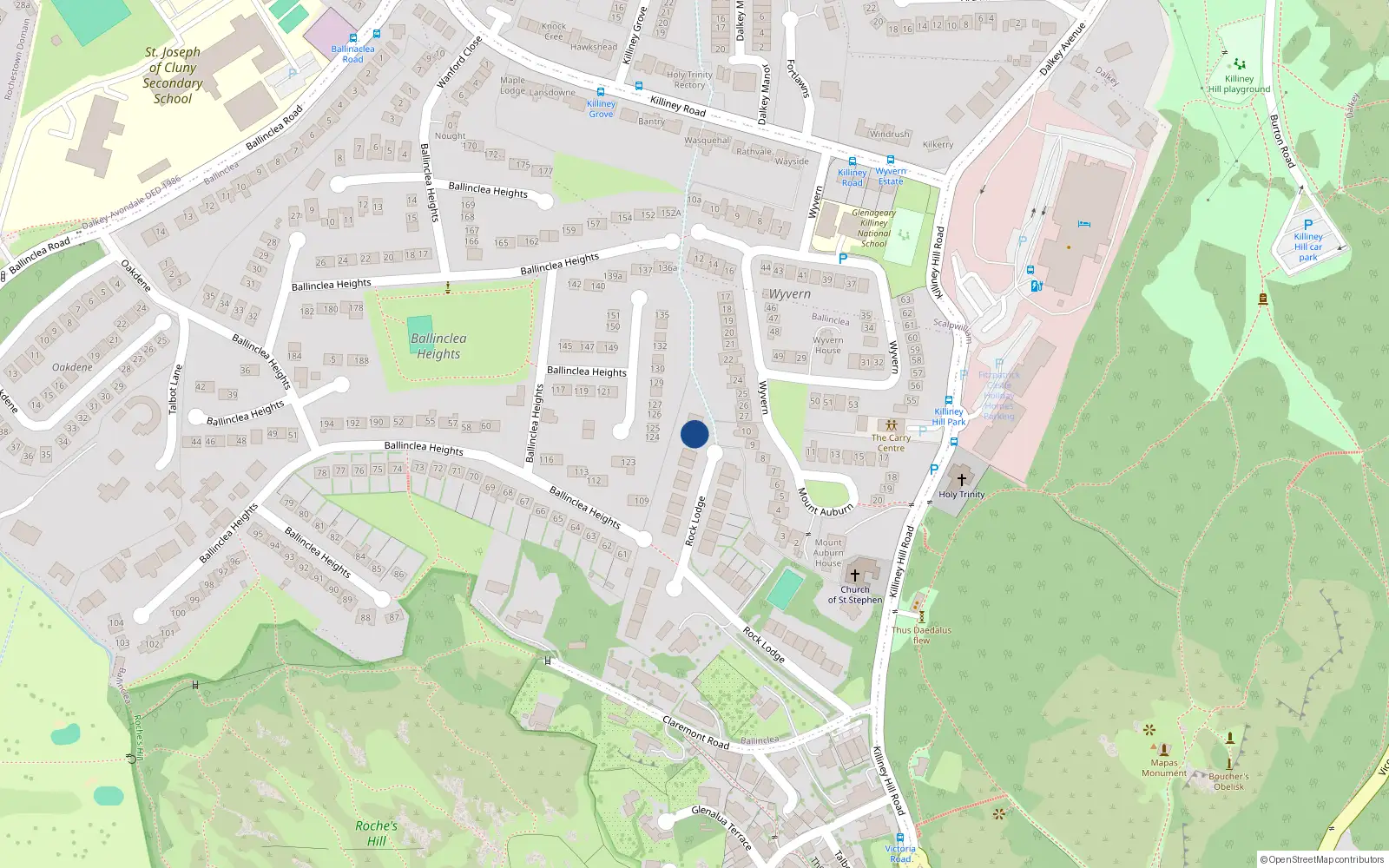 Overhead map showing the location of 22 Rock Lodge, Killiney