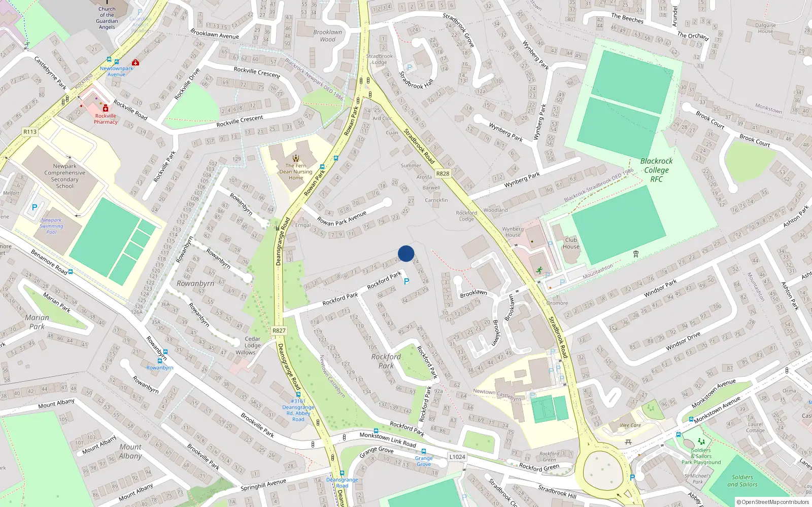 Overhead map showing the location of 22 Rockford Park, Blackrock