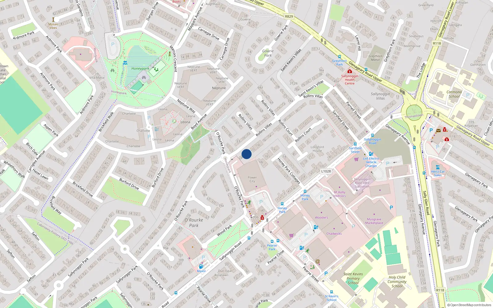 Overhead map showing the location of 22 Rollins Villas, Sallynoggin