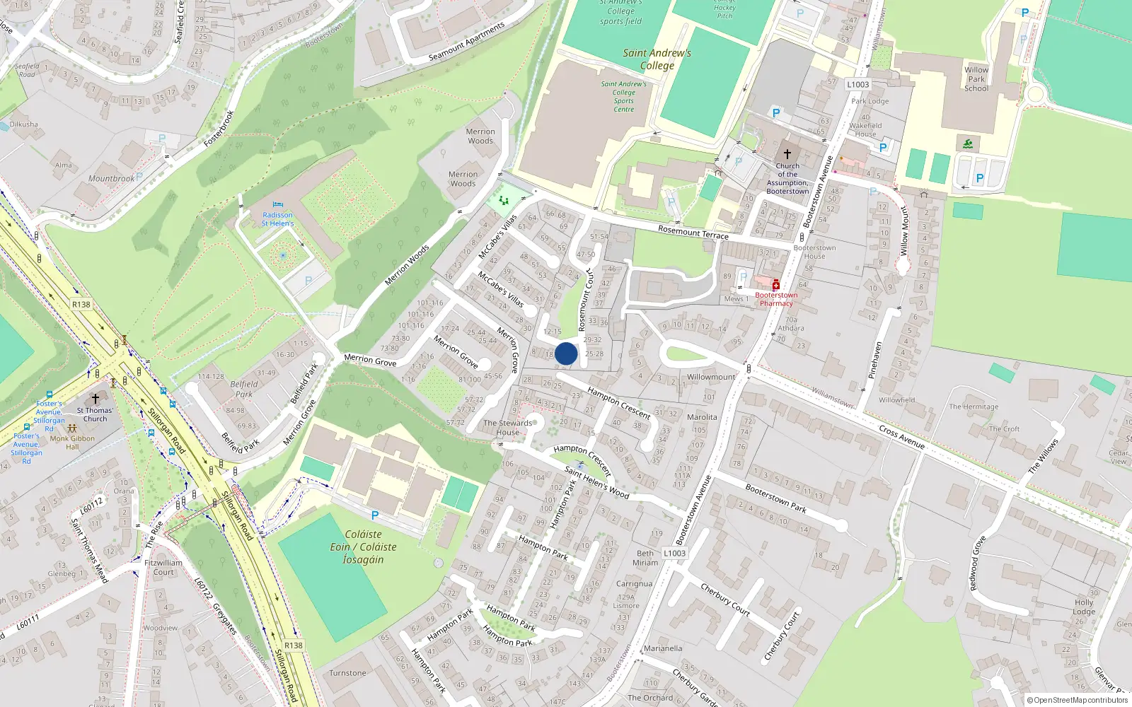 Overhead map showing the location of 22 Rosemount Court, Booterstown