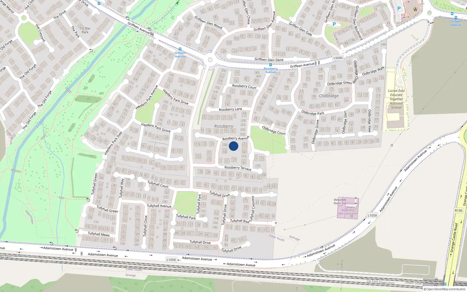 Overhead map showing the location of 22 Rossberry Avenue, Lucan