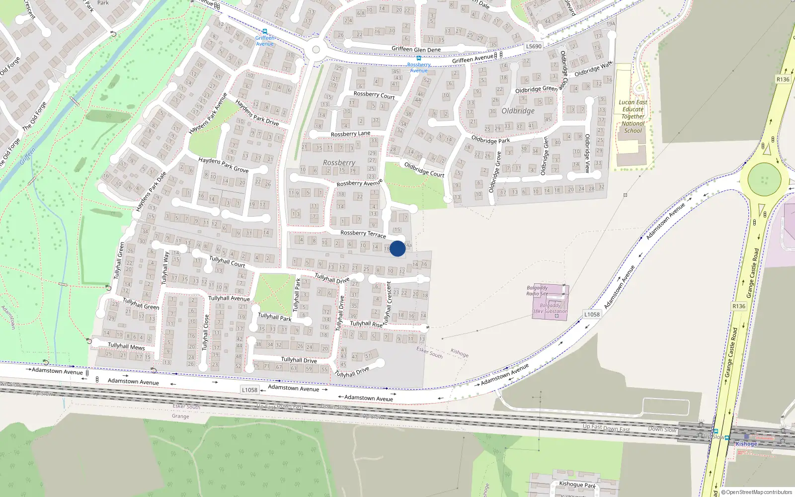 Overhead map showing the location of 22 Rossberry Terrace, Lucan