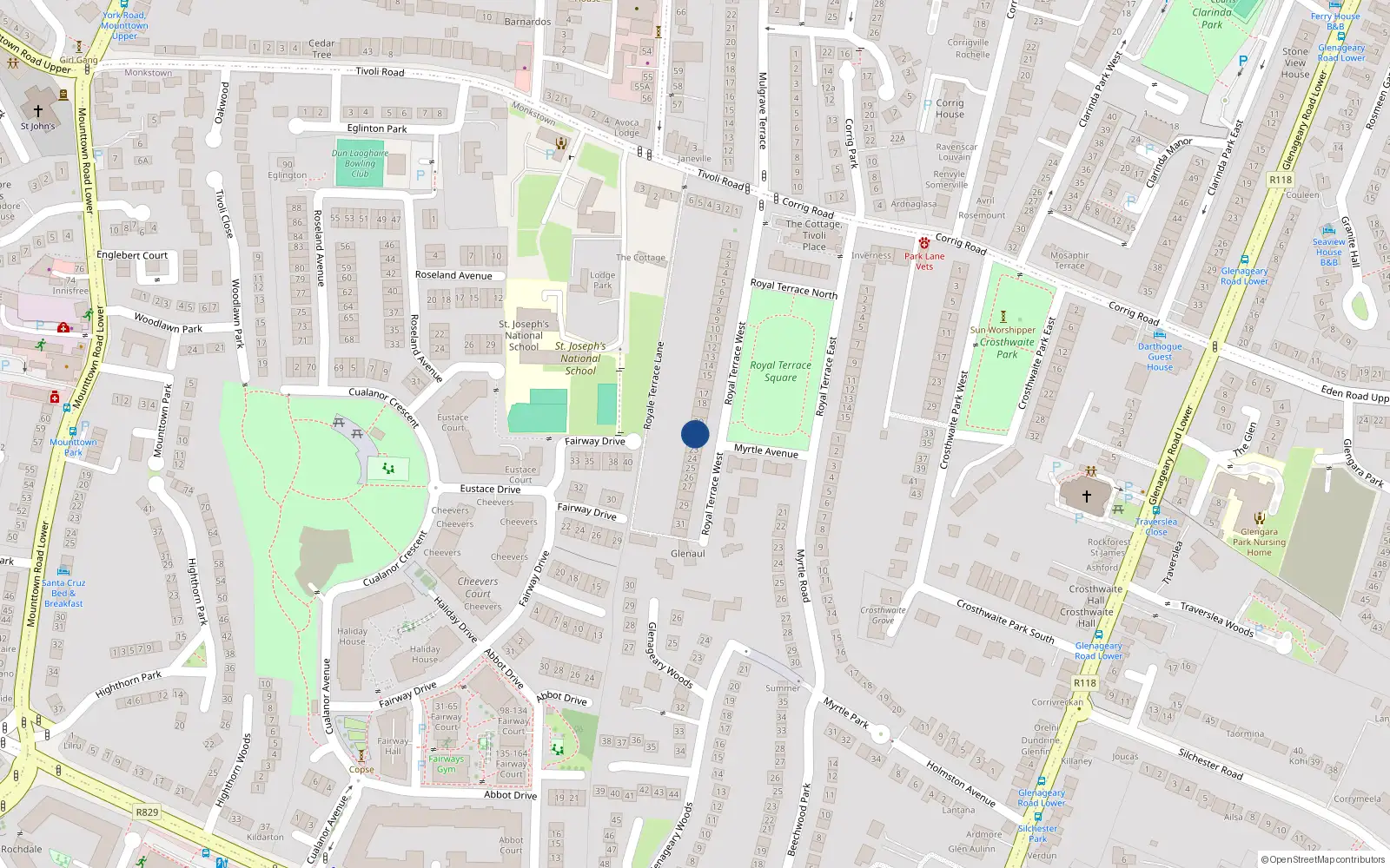 Overhead map showing the location of 22 Royal Terrace West, Dublin