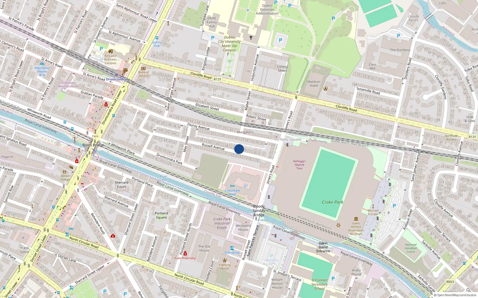 Overhead map showing the location of 22 Russell Avenue, Drumcondra, Dublin 9