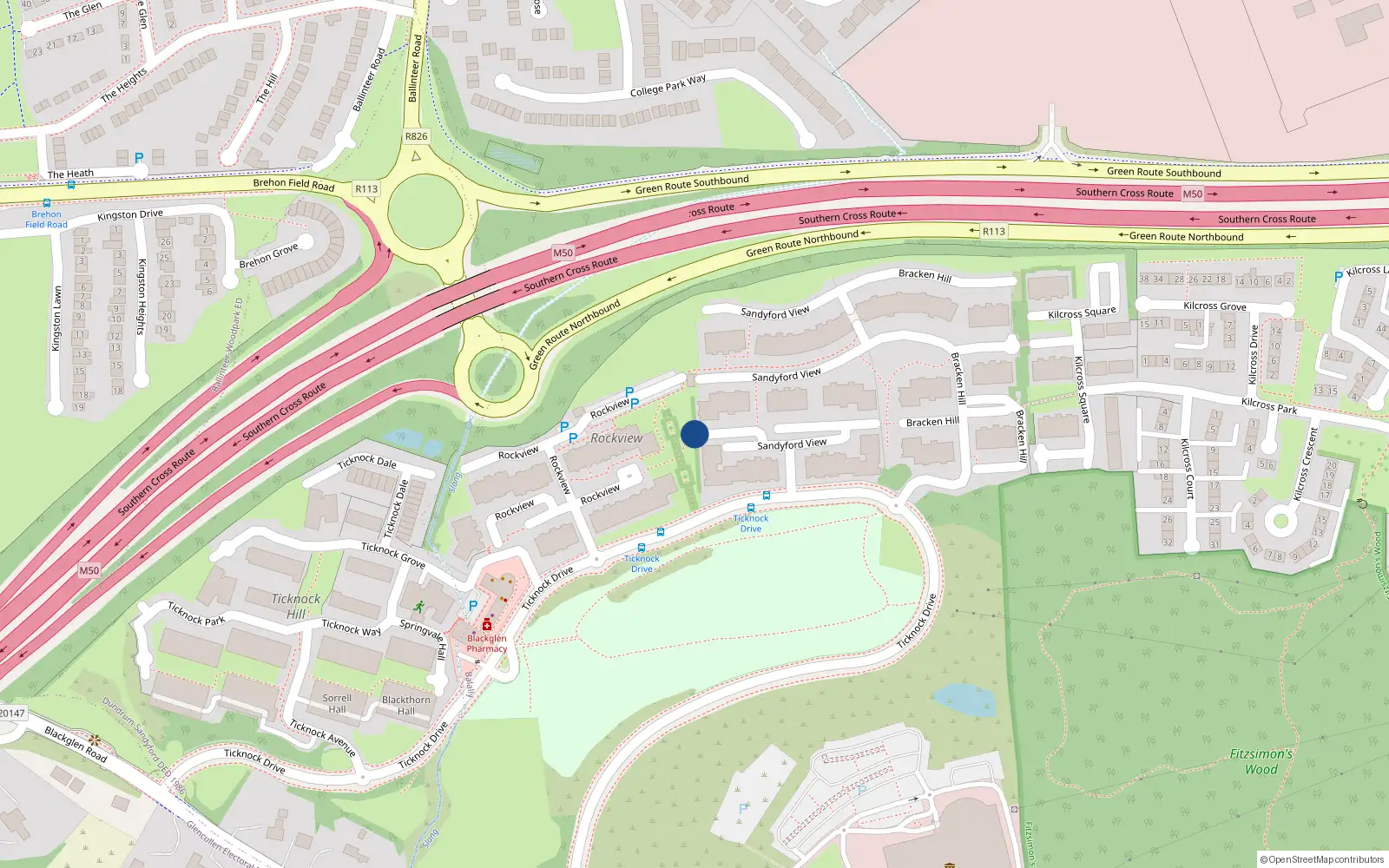 Overhead map showing the location of 22 Sandyford View, Dublin