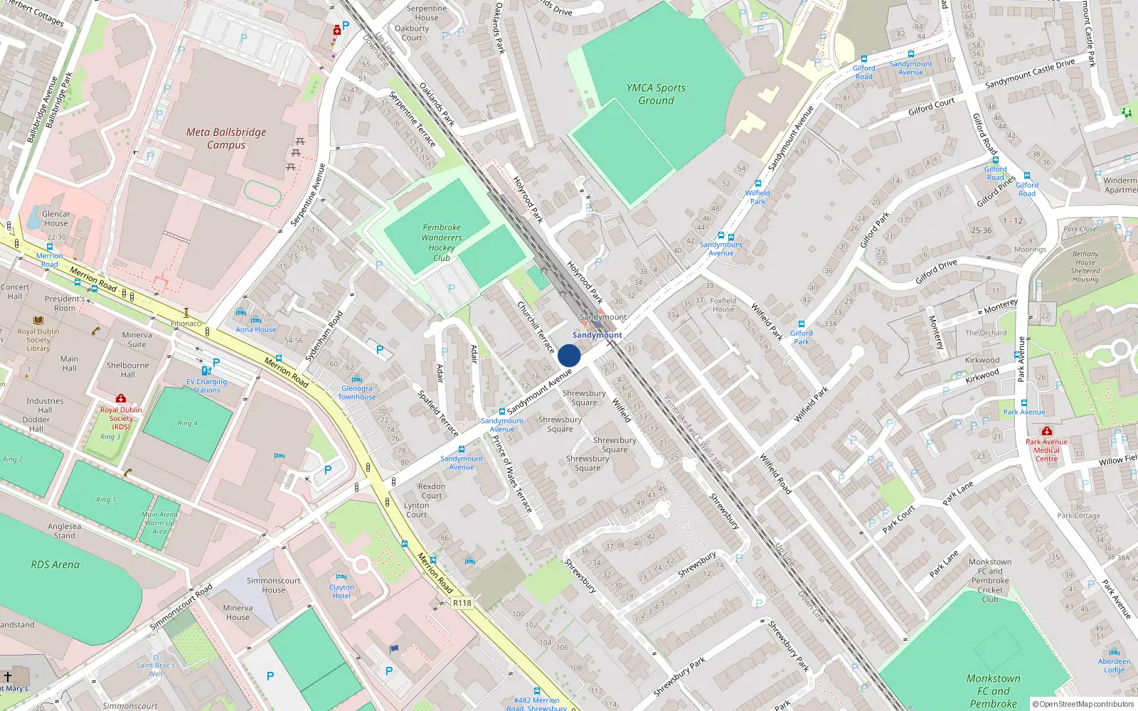 Overhead map showing the location of 22 Sandymount Avenue, Ballsbridge